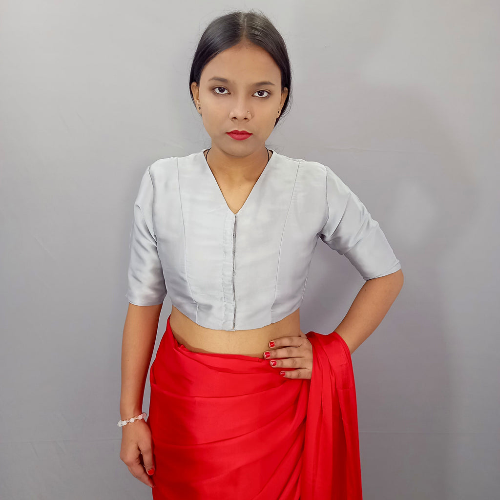 Elbow Sleeves Gold Sequined Saree Blouse with V-Neck