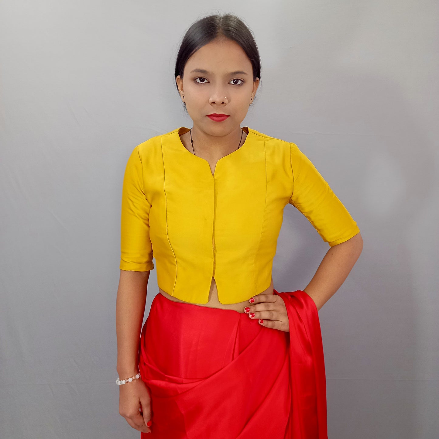 Silk Elbow Sleeves Saree Blouse in Mustard