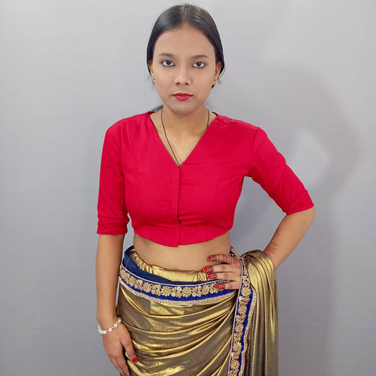 V Neck Elbow Sleeves Saree Blouse in Red