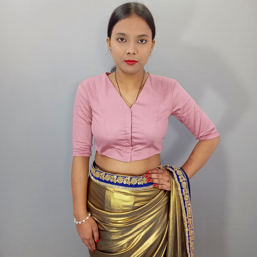 Malika | V Neck Casual Solid Pink Cotton Saree Blouse