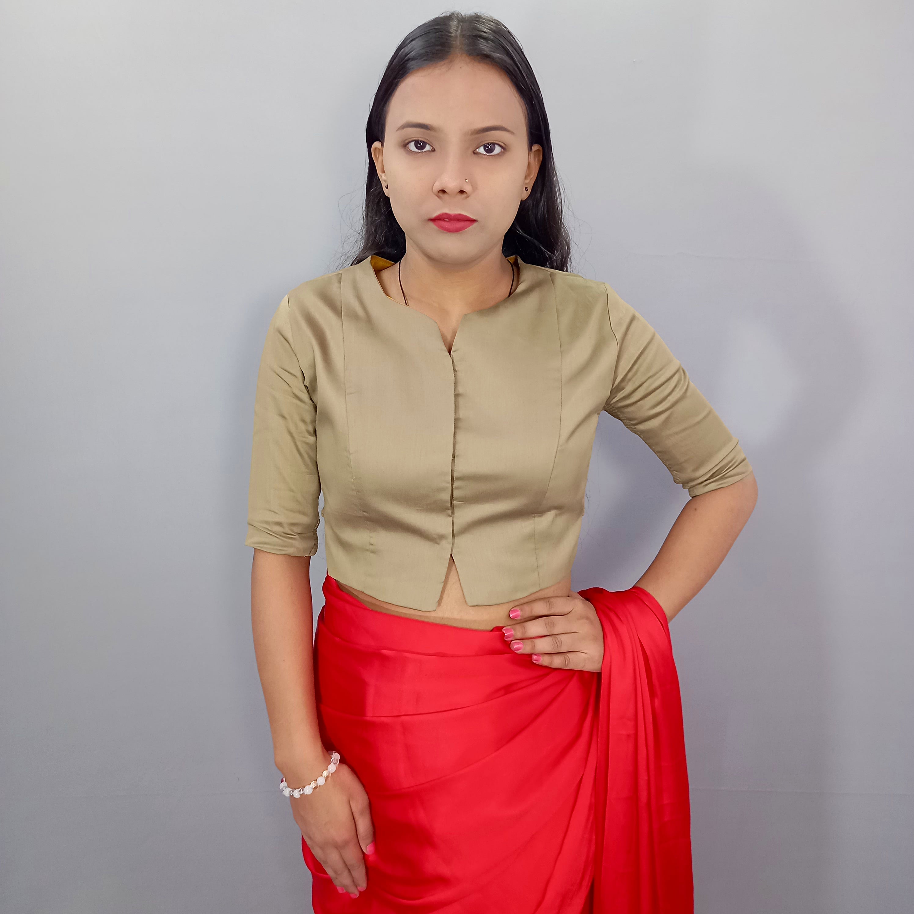 Aabha Elbow Sleeves Cotton Saree Blouse in Green