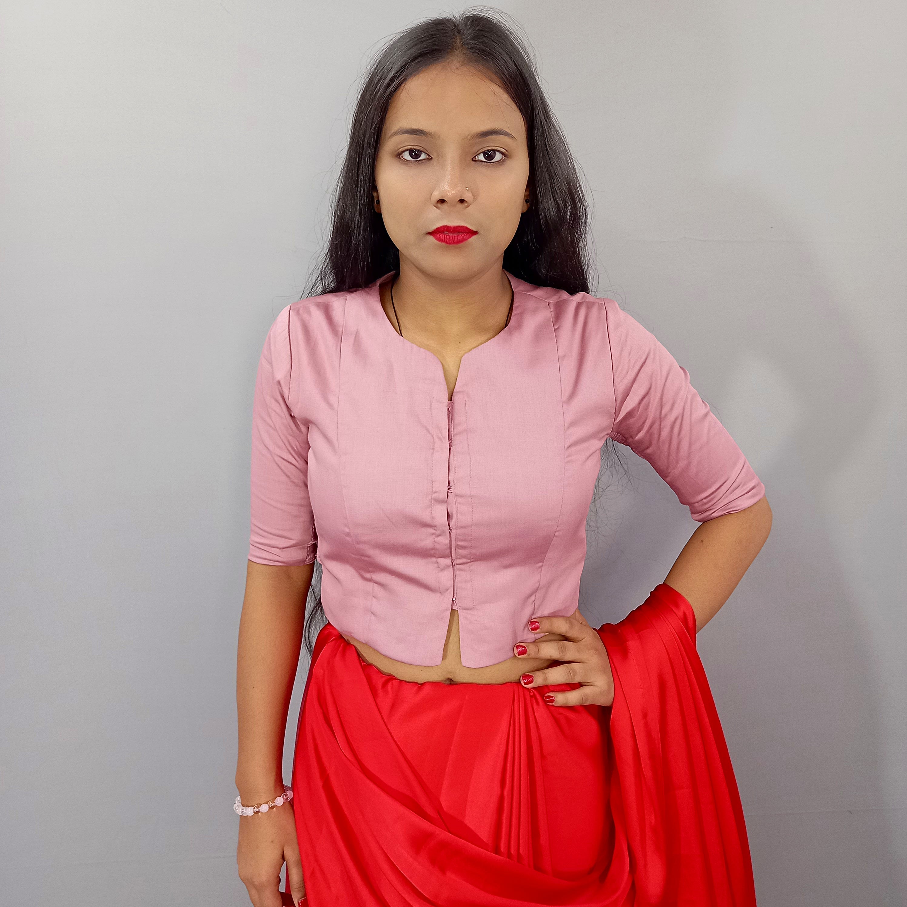 Elbow Sleeves Cotton Saree Blouse in Casual Solid Pink Long