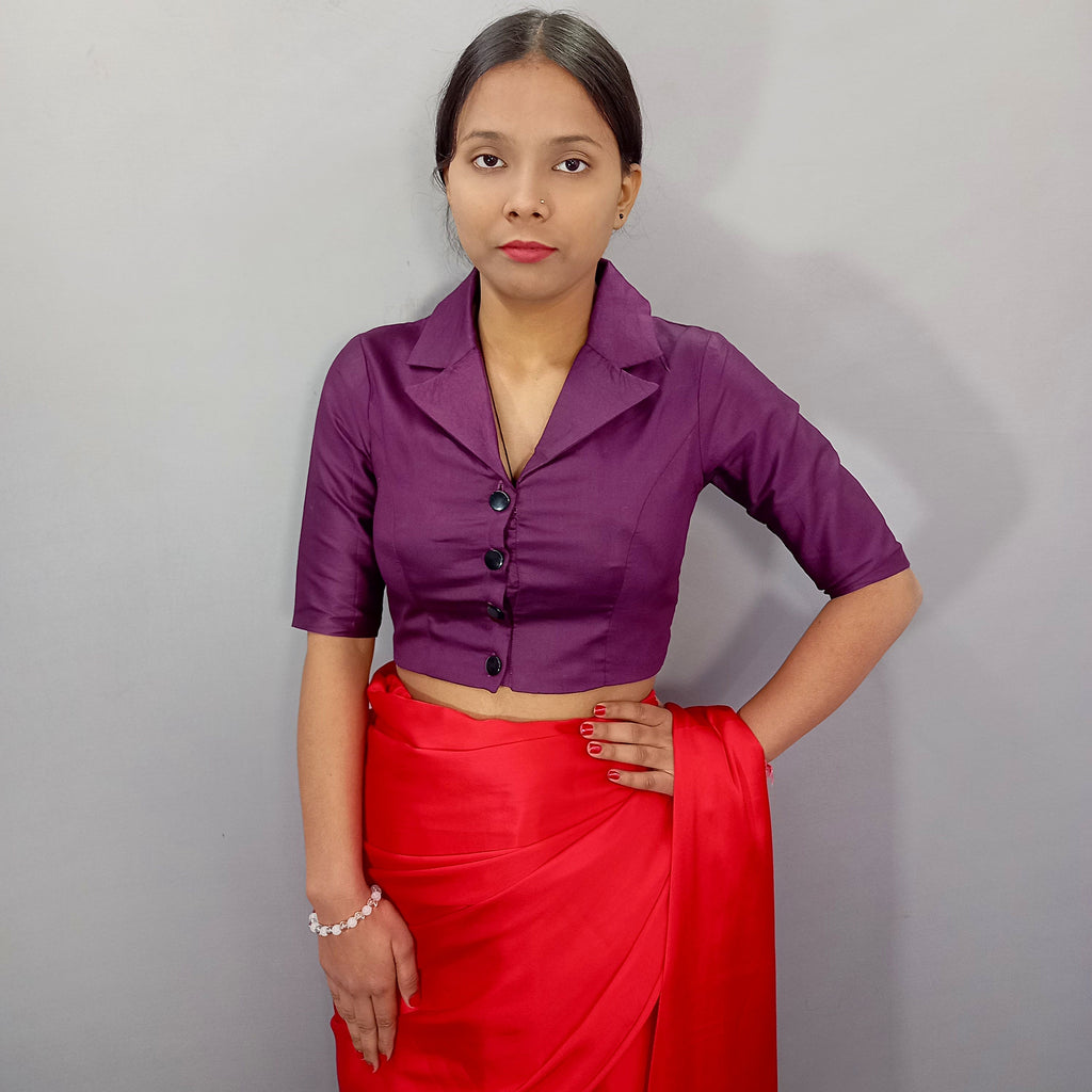 Regular Sleeves Cotton Saree Blouse in Wine
