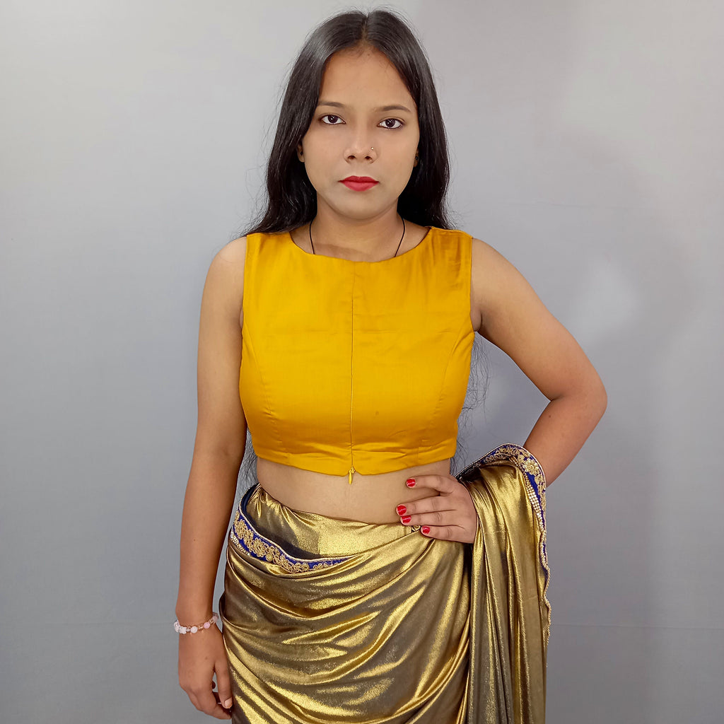 Sleeveless Cotton Saree Blouse in Mustard Fabric