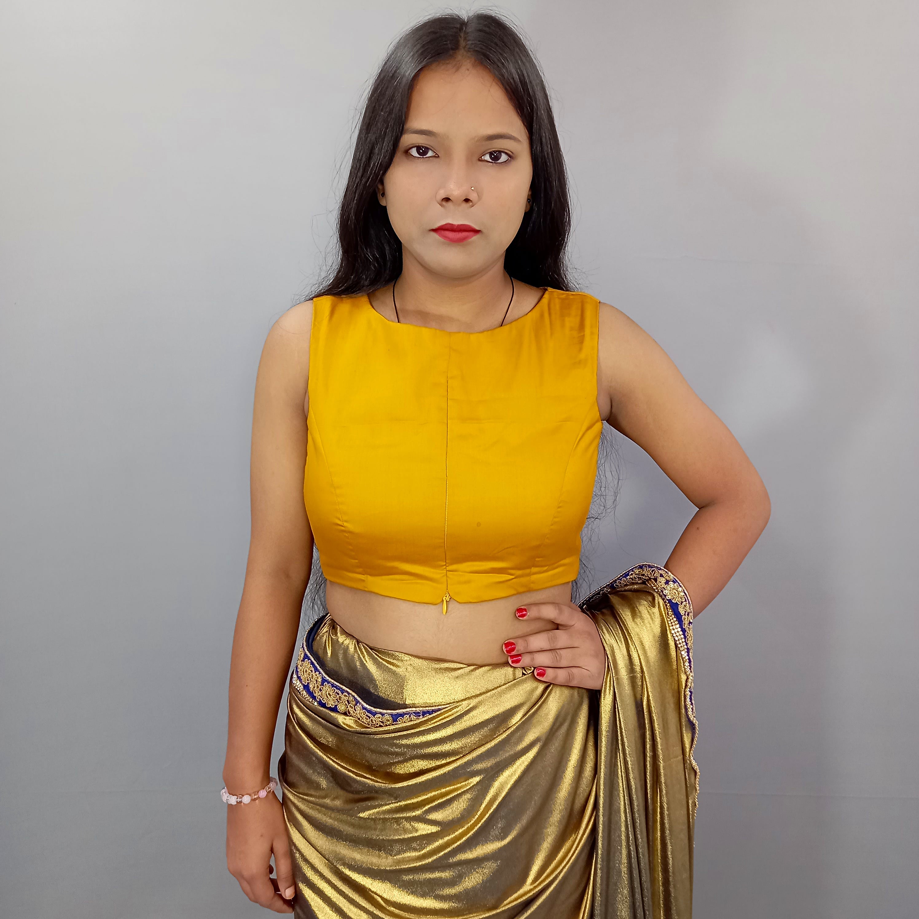 Sleeveless Cotton Saree Blouse in Mustard Fabric