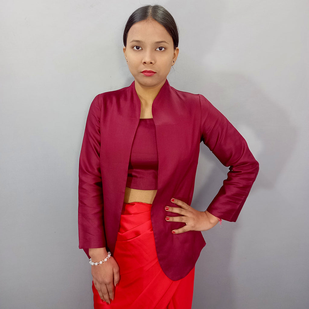 Women Plain Cotton Crop Top With Jacket Set in Maroon