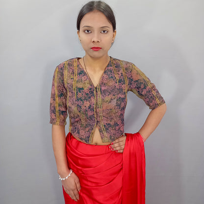 Long V Neck Elbow Sleeves Saree Blouse in Floral