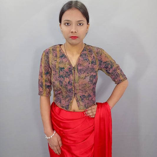 Long V Neck Elbow Sleeves Saree Blouse in Floral