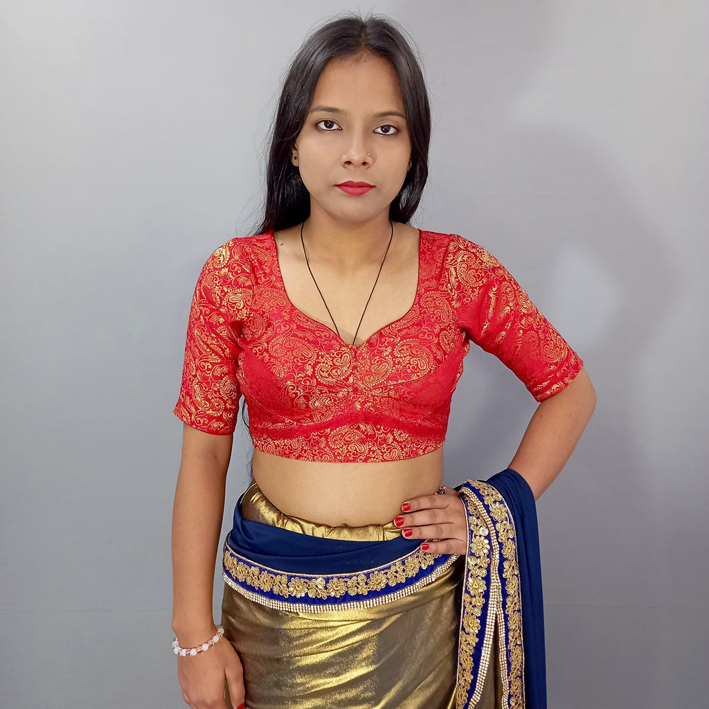 Elbow Sleeves Saree Blouse in Berry Red Vine Mesh Brocade