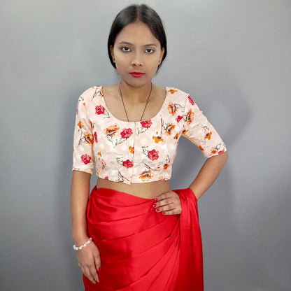 U Neck Elbow Sleeves Saree Blouse in Cream