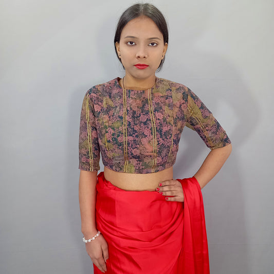 Multicolour Elbow Sleeves Saree Blouse in Multicolour