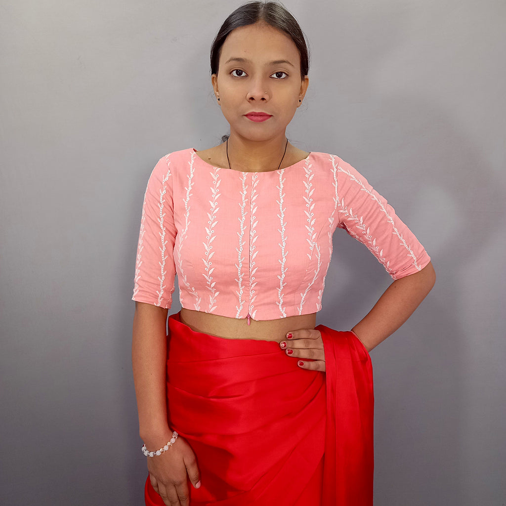 Amira Boat Neck Pink Cotton Saree Blouse with Beautiful Floral Embroidery