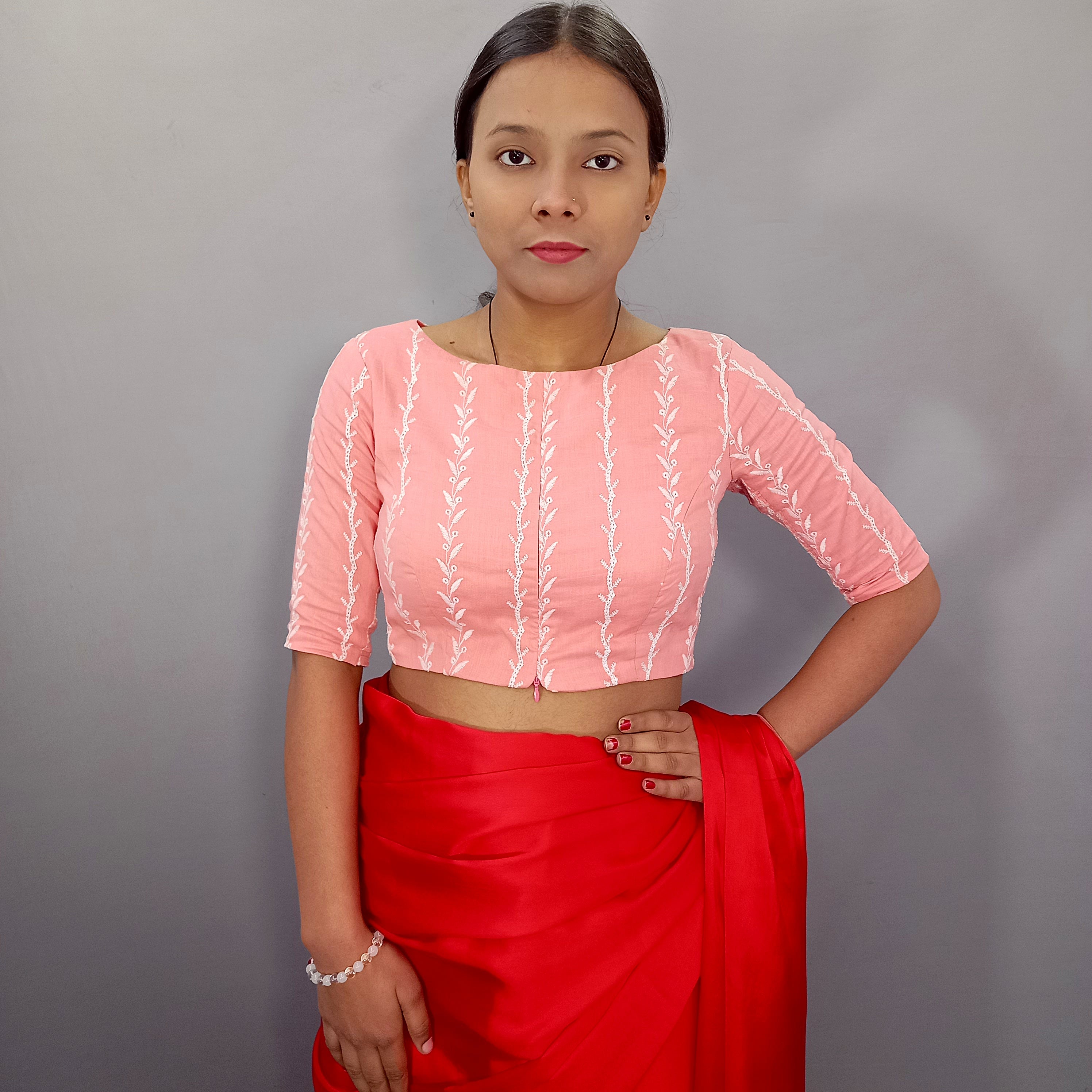 Amira Boat Neck Pink Cotton Saree Blouse with Beautiful Floral Embroidery