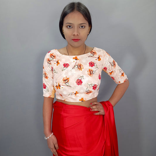 Boat Neck Elbow Sleeves Saree Blouse in Floral