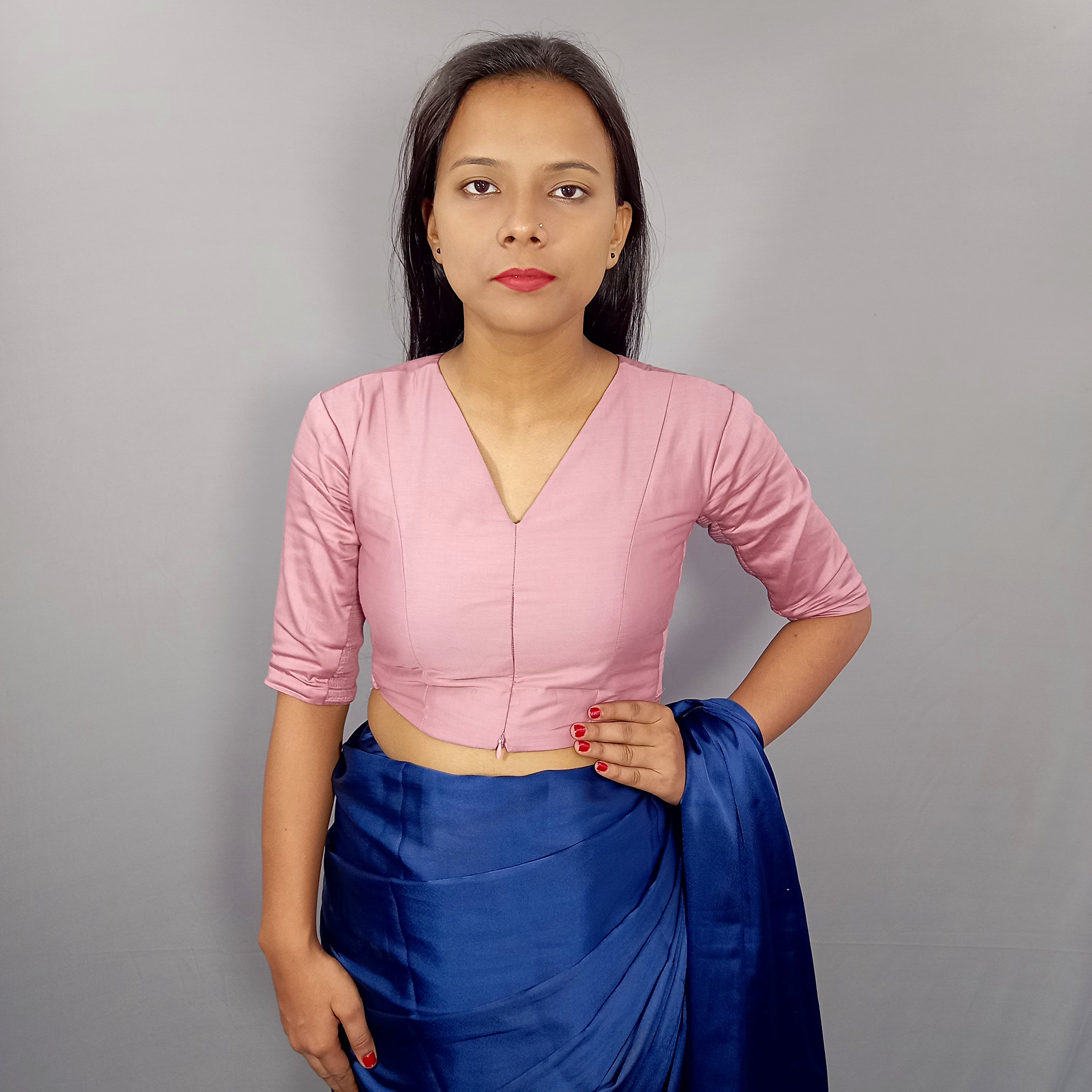 Elbow Sleeves Cotton Saree Blouse in Solid Casual Pink