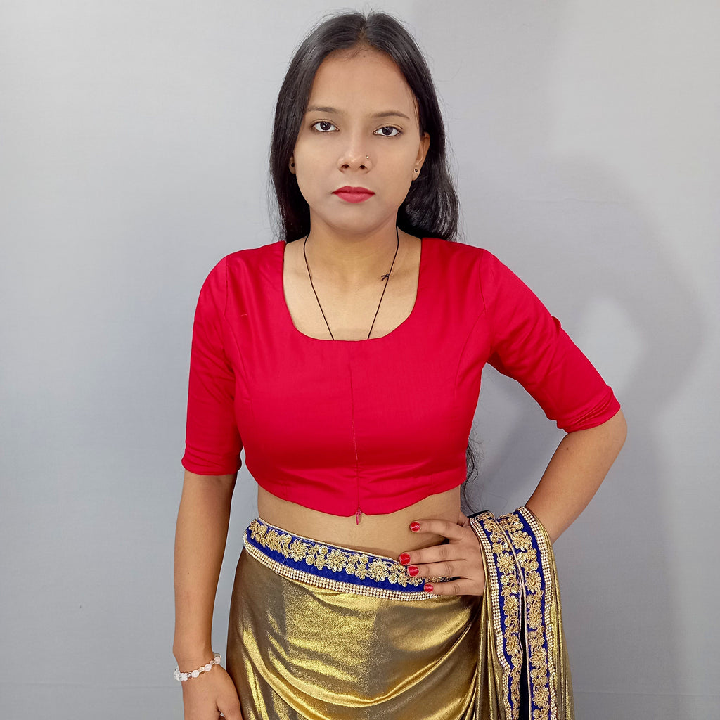 Elbow Sleeves Cotton Saree Blouse in Red Fabric