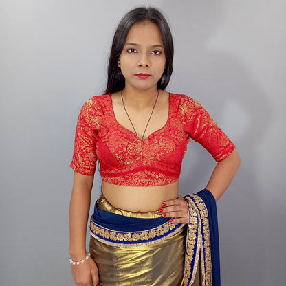 Floral Elbow Sleeves Saree Blouse in Red