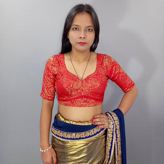 Floral Elbow Sleeves Saree Blouse in Red