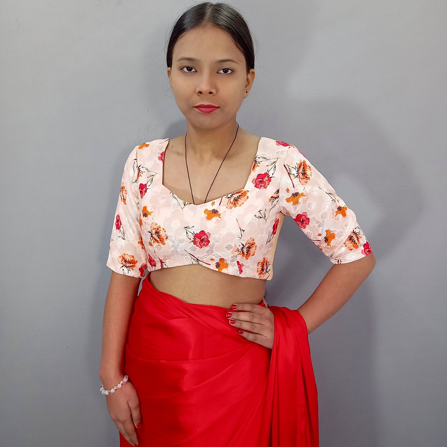 Elbow Sleeves Saree Blouse in Cream