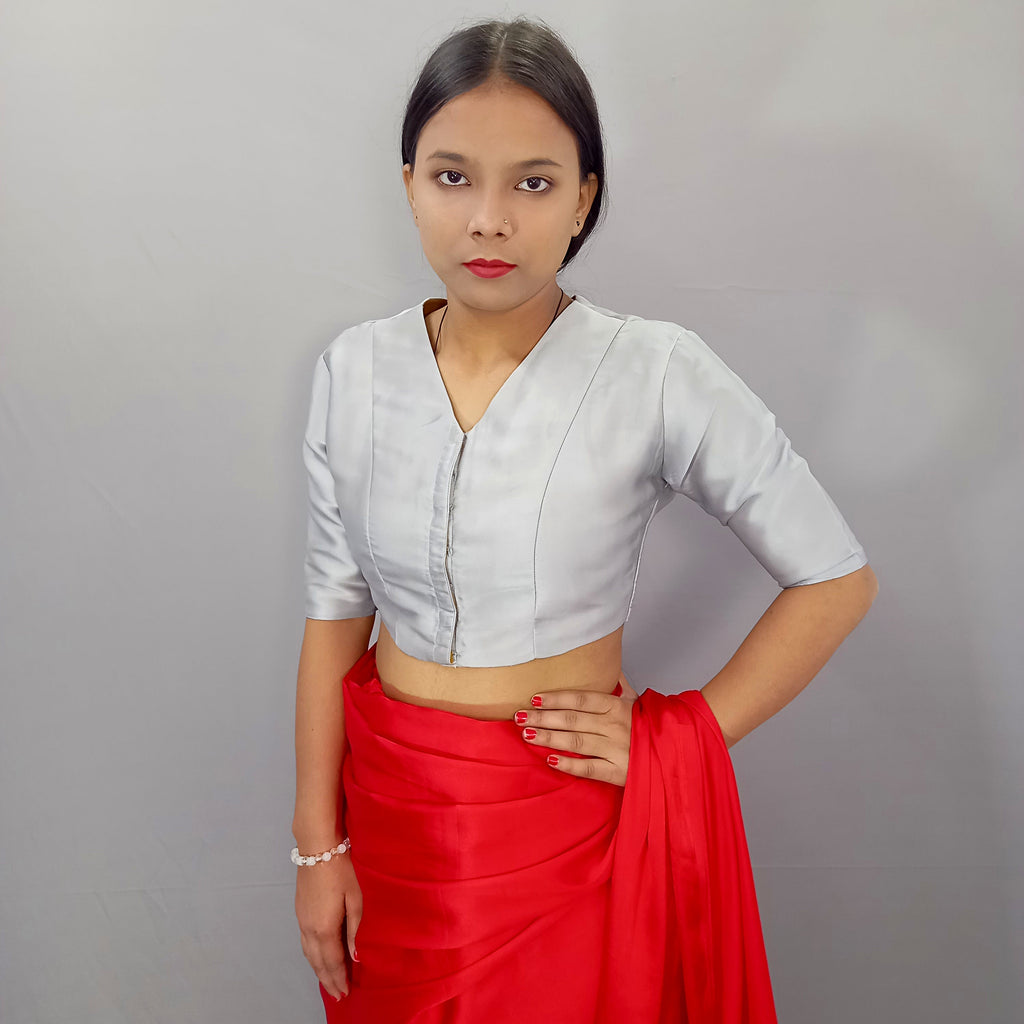 Elbow Sleeves Gold Sequined Saree Blouse with V-Neck