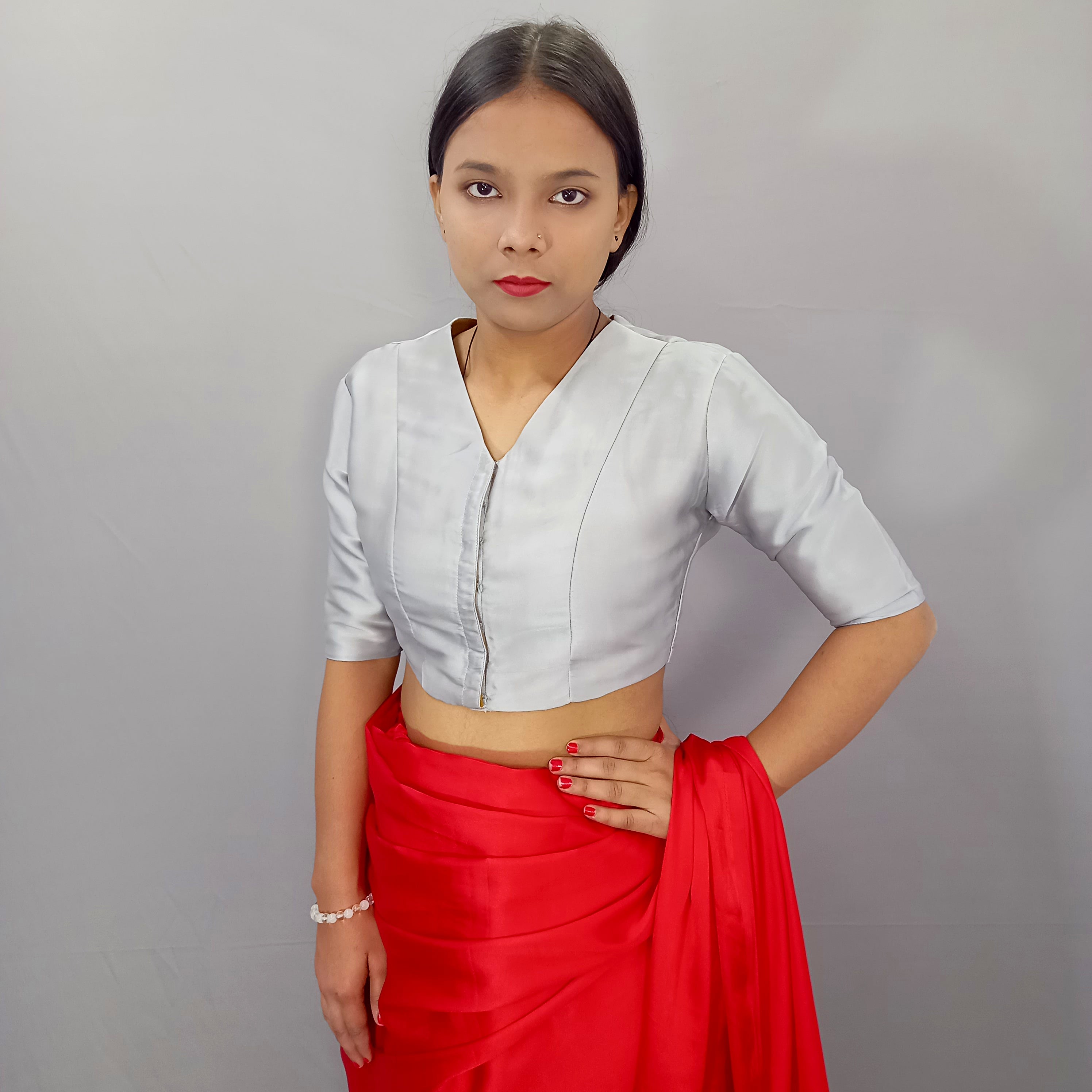 Elbow Sleeves Gold Sequined Saree Blouse with V-Neck