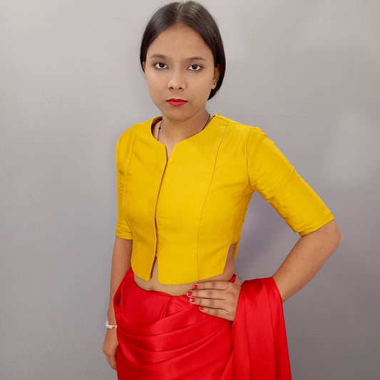 Silk Elbow Sleeves Saree Blouse in Mustard
