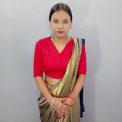 V Neck Elbow Sleeves Saree Blouse in Red