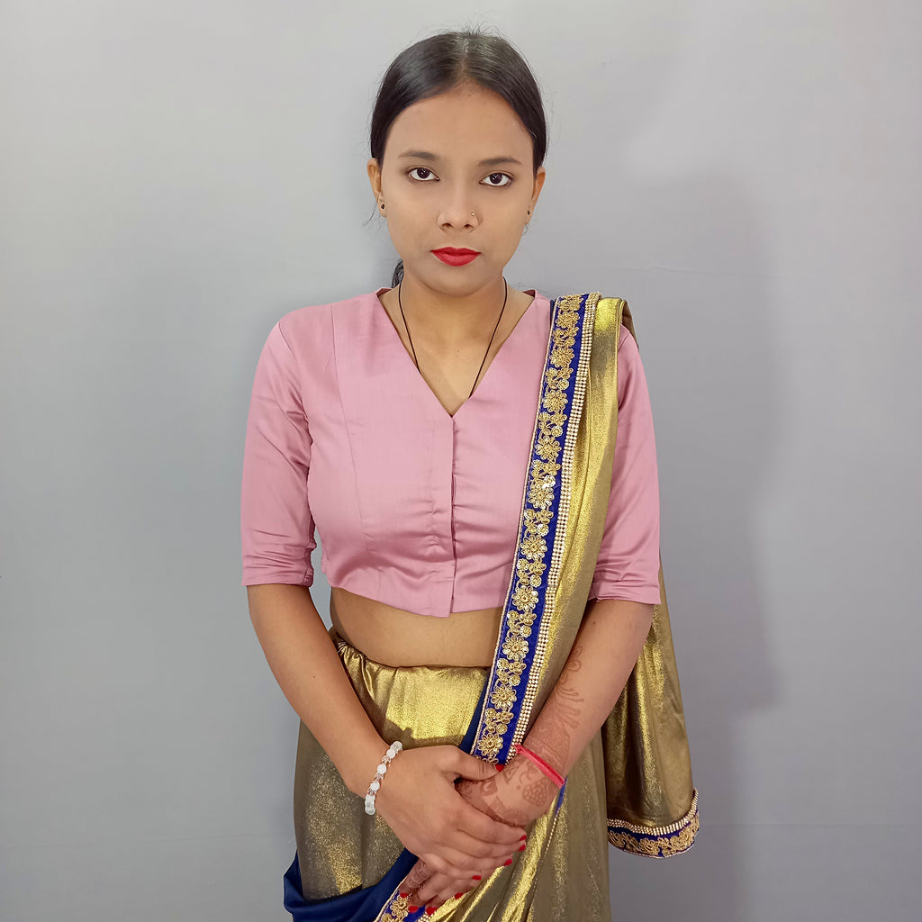 Malika | V Neck Casual Solid Pink Cotton Saree Blouse
