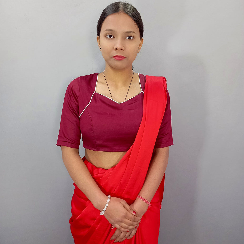 Elbow Sleeves Cotton Saree Blouse in Maroon