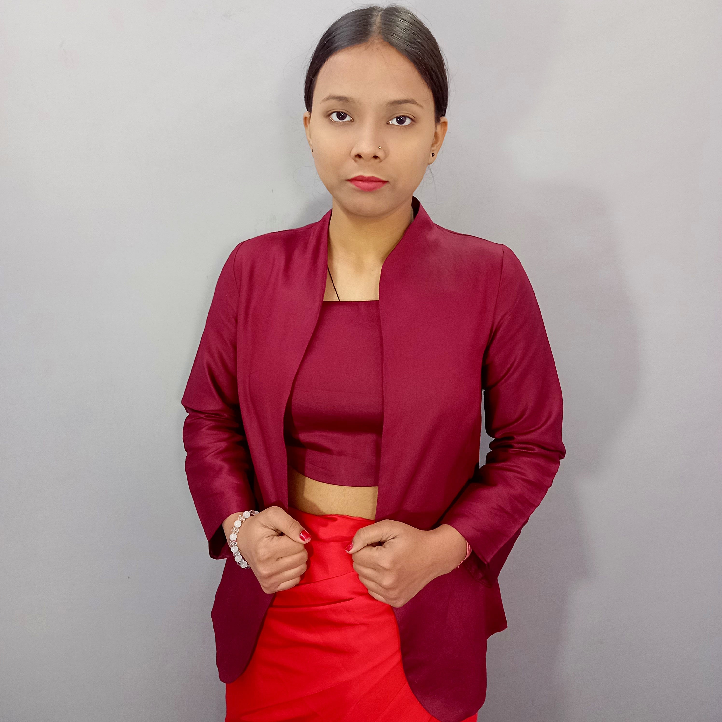 Women Plain Cotton Crop Top With Jacket Set in Maroon