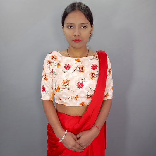 Boat Neck Elbow Sleeves Saree Blouse in Floral