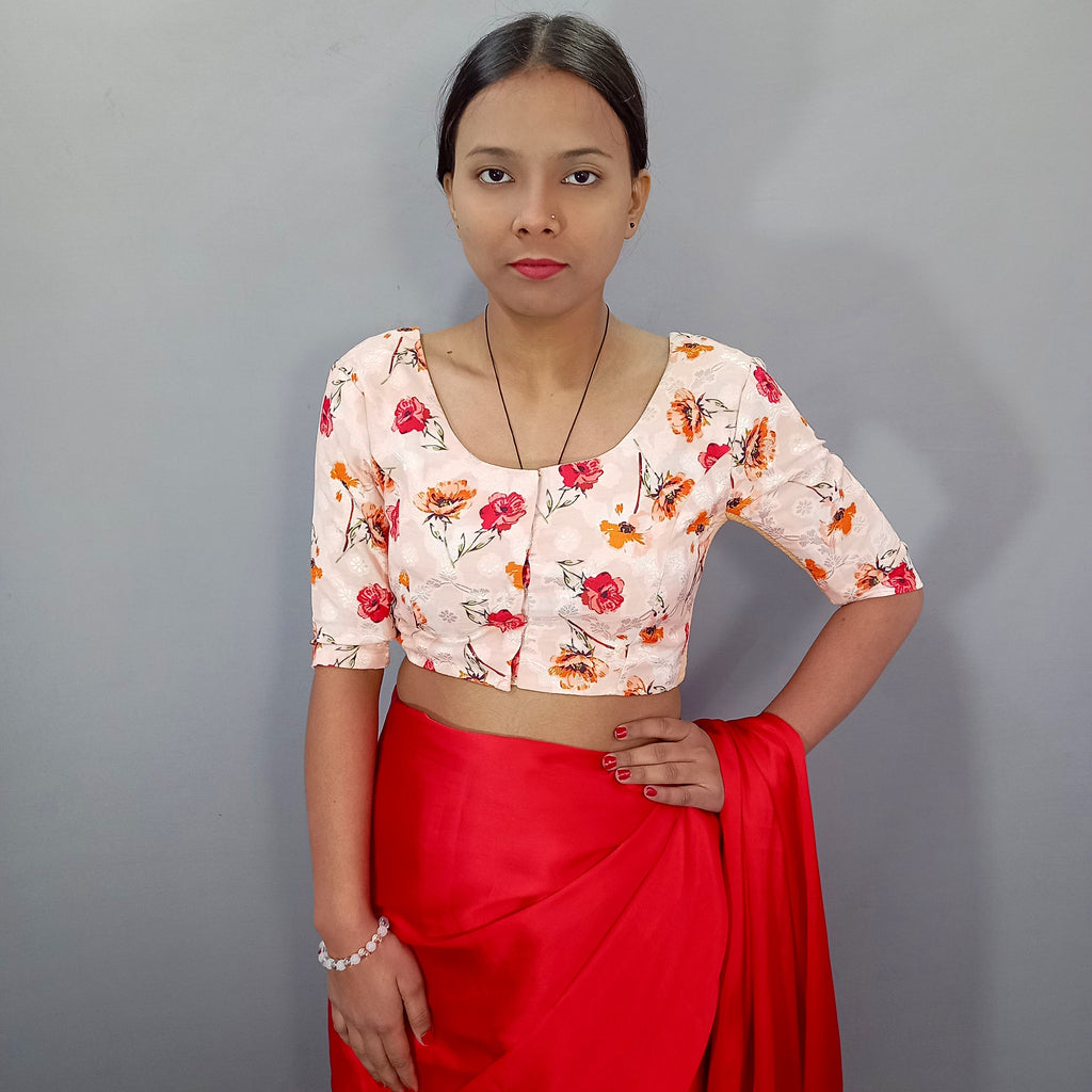 Elbow Sleeves Cotton Saree Blouse in Cream Floral Print