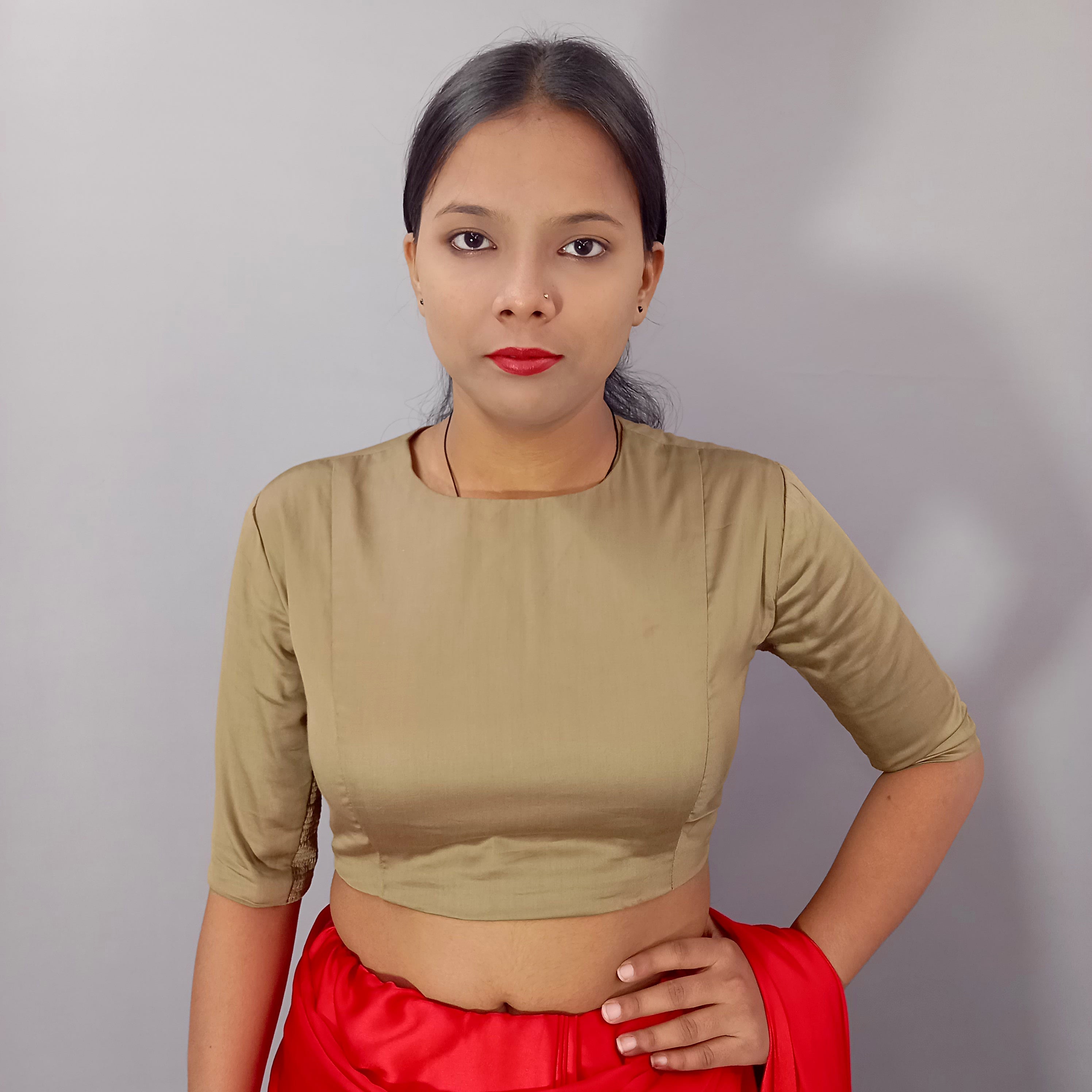 Elbow Sleeves Saree Blouse in Light Green Cotton Fabric