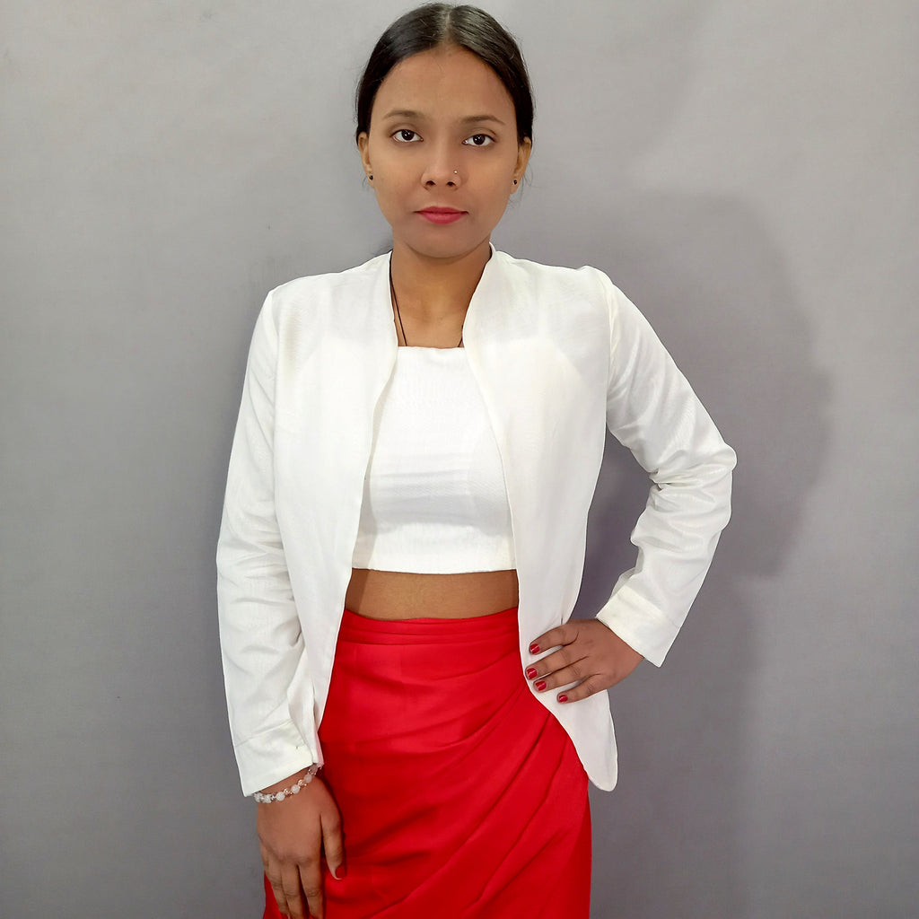 Women Plain Cotton Crop Top With Jacket Set