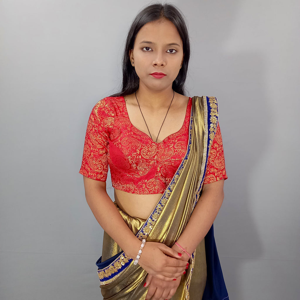 Elbow Sleeves Saree Blouse in Berry Red Vine Mesh Brocade