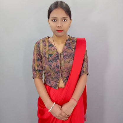 Long V Neck Elbow Sleeves Saree Blouse in Floral