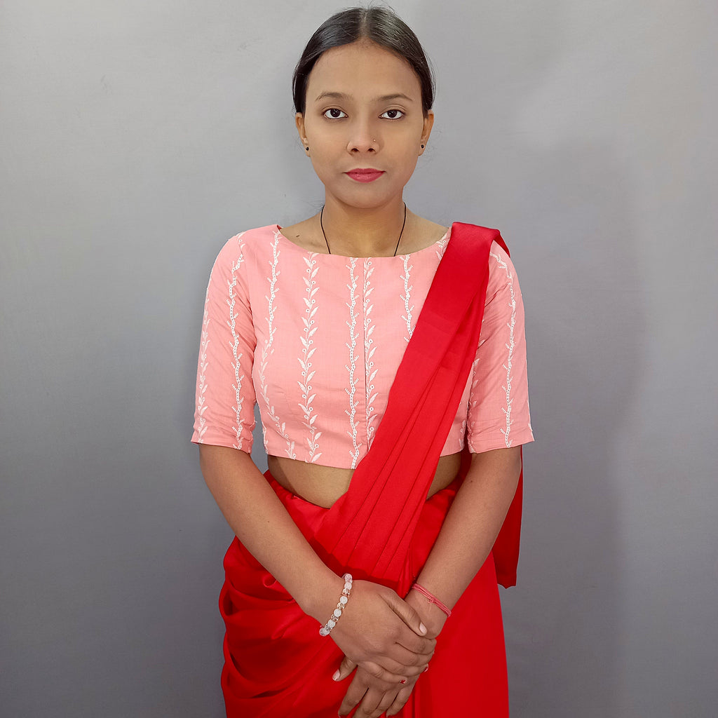 Amira Boat Neck Pink Cotton Saree Blouse with Beautiful Floral Embroidery