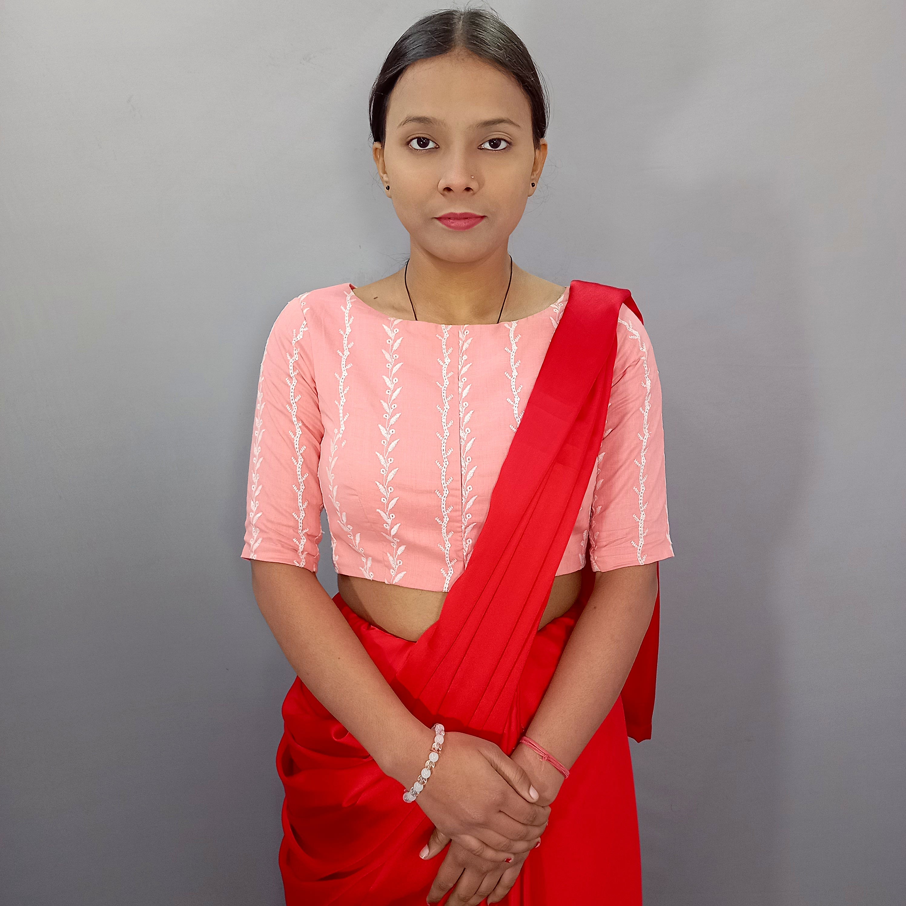 Amira Boat Neck Pink Cotton Saree Blouse with Beautiful Floral Embroidery