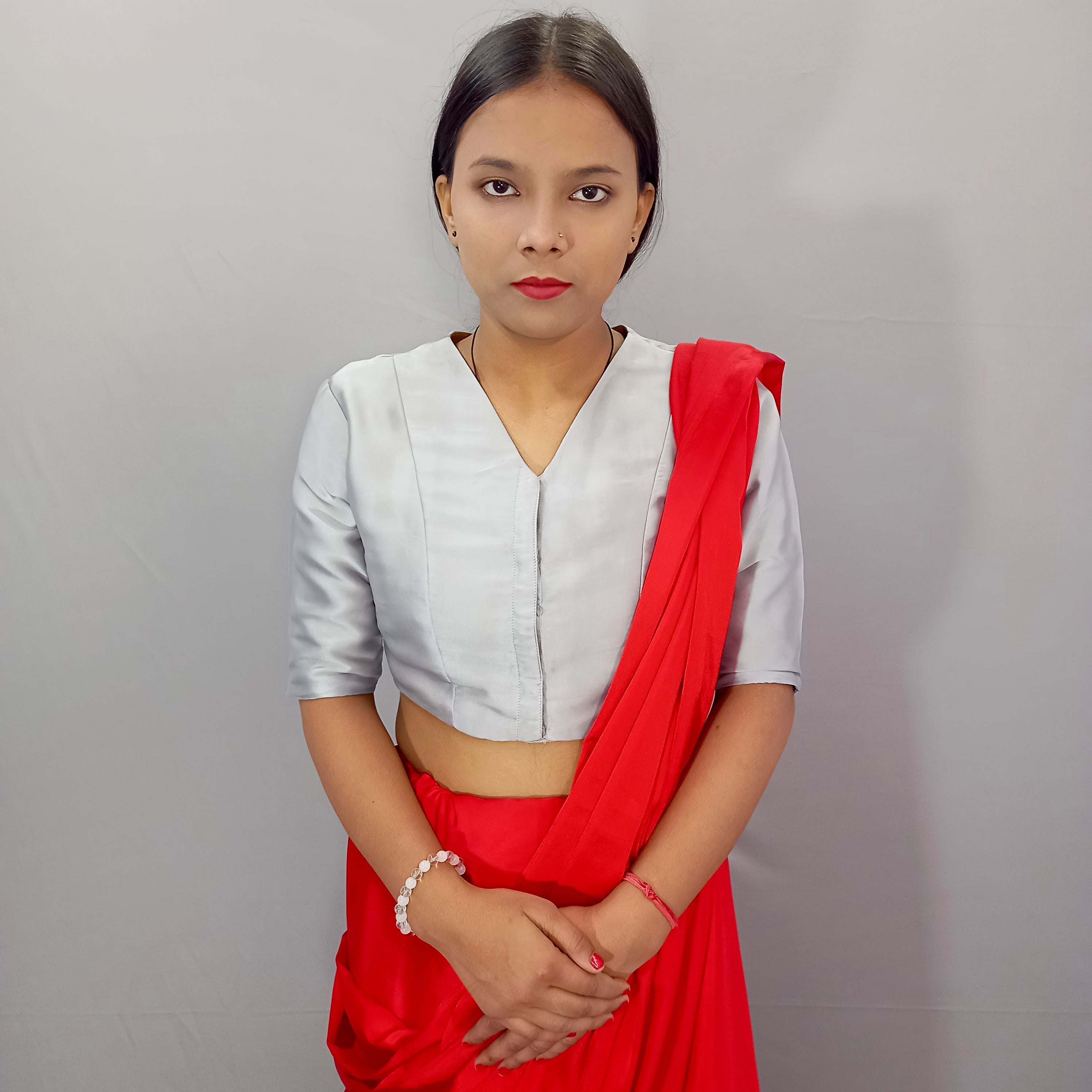 Elbow Sleeves Gold Sequined Saree Blouse with V-Neck