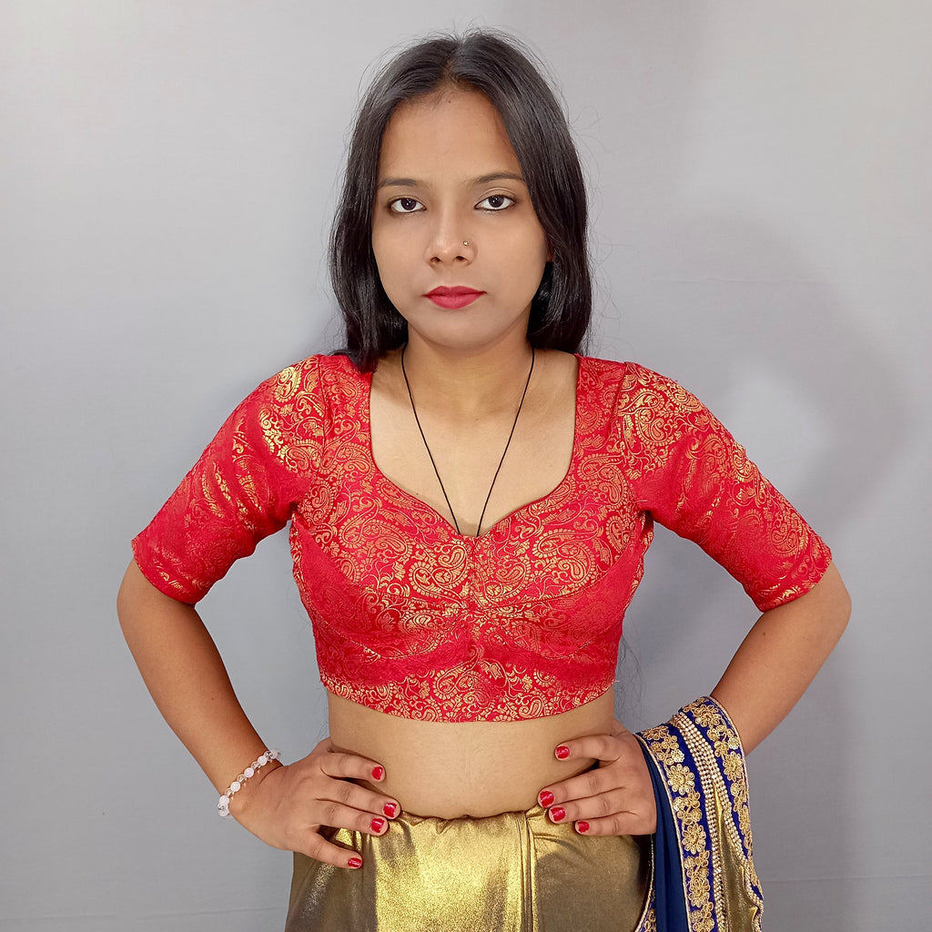 Elbow Sleeves Saree Blouse in Berry Red Vine Mesh Brocade