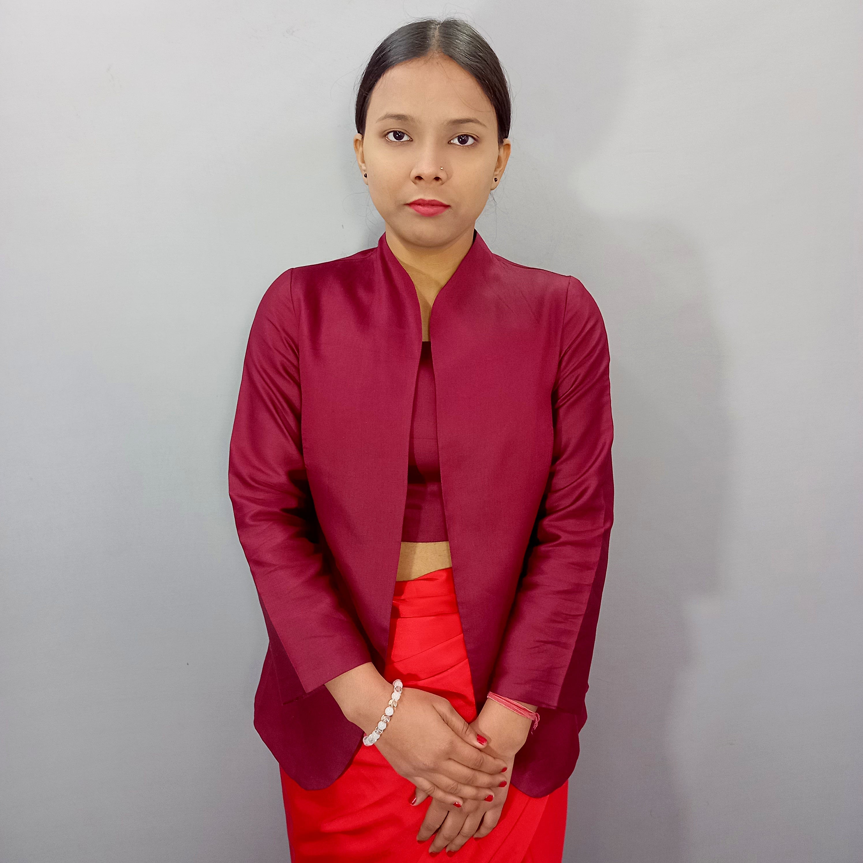 Women Plain Cotton Crop Top With Jacket Set in Maroon