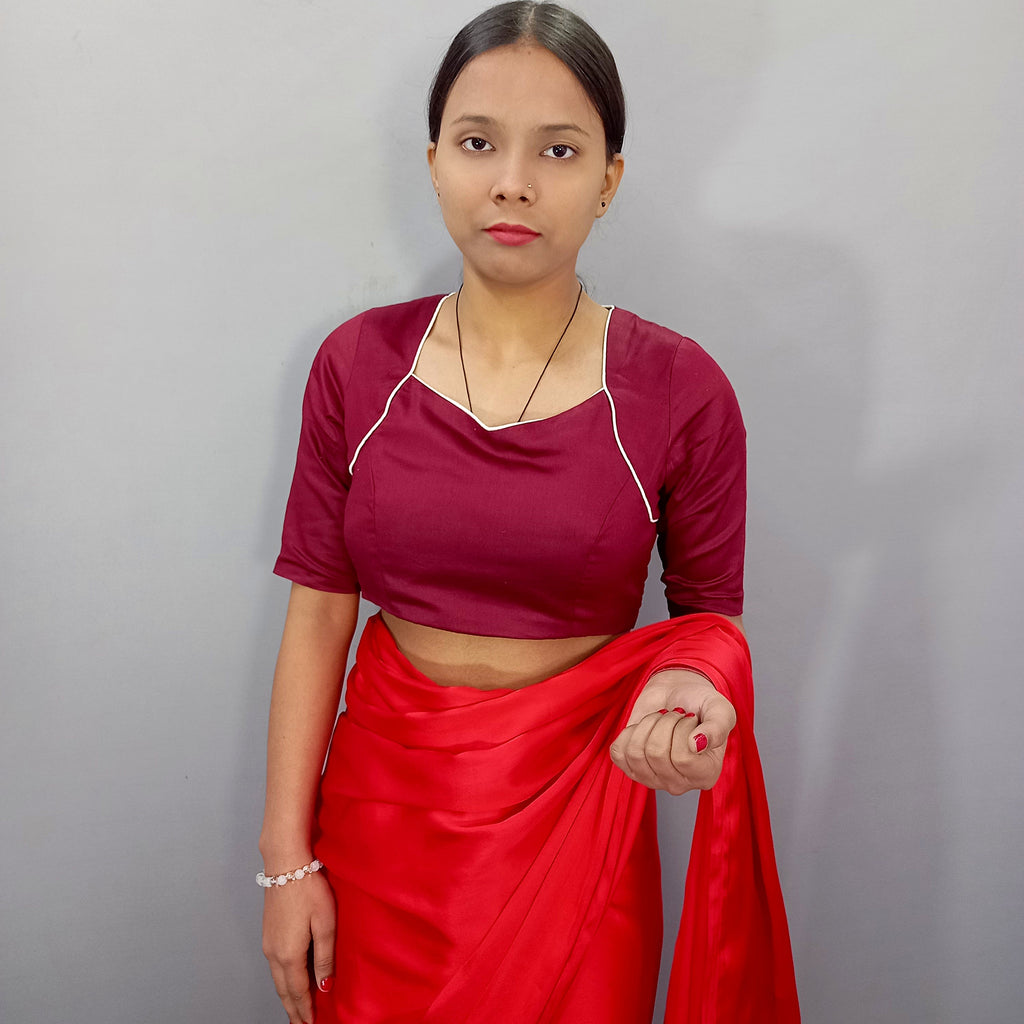 Elbow Sleeves Cotton Saree Blouse in Maroon
