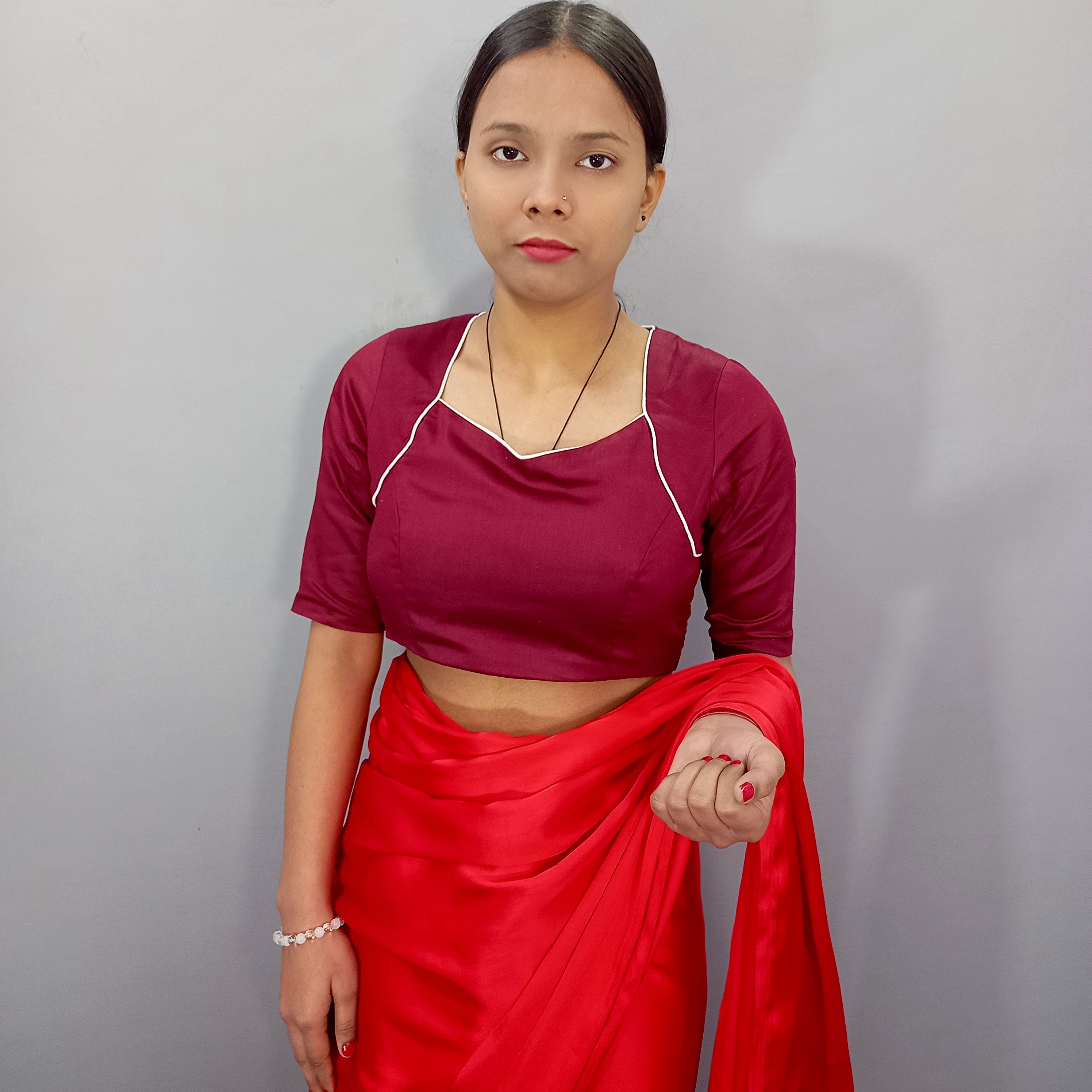 Elbow Sleeves Cotton Saree Blouse in Maroon
