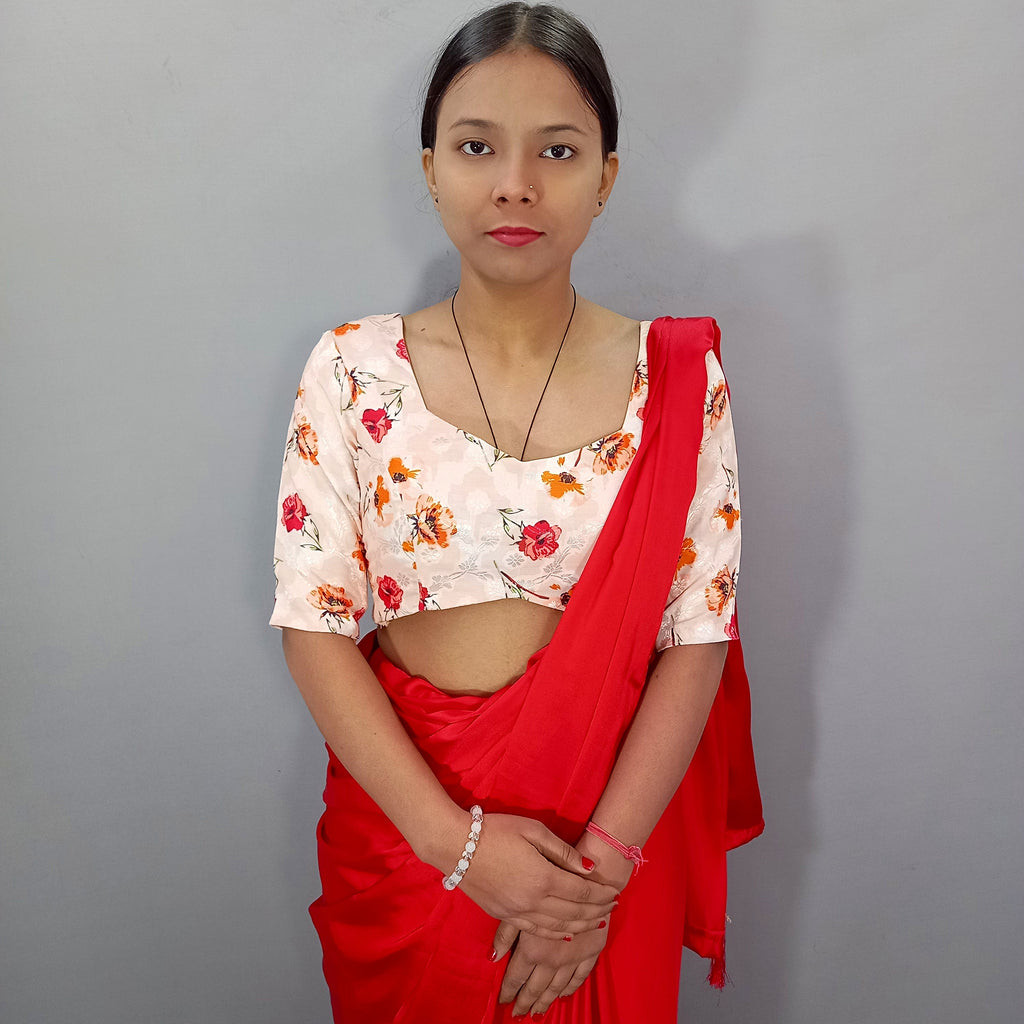 Elbow Sleeves Cotton Saree Blouse in Cream Floral Print Fabric