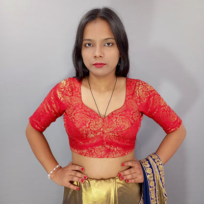 Floral Elbow Sleeves Saree Blouse in Red