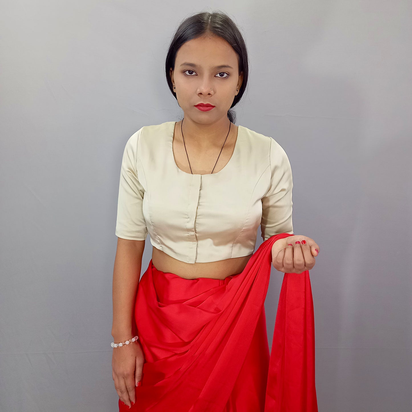 Elbow Sleeves Saree Blouse in Beige