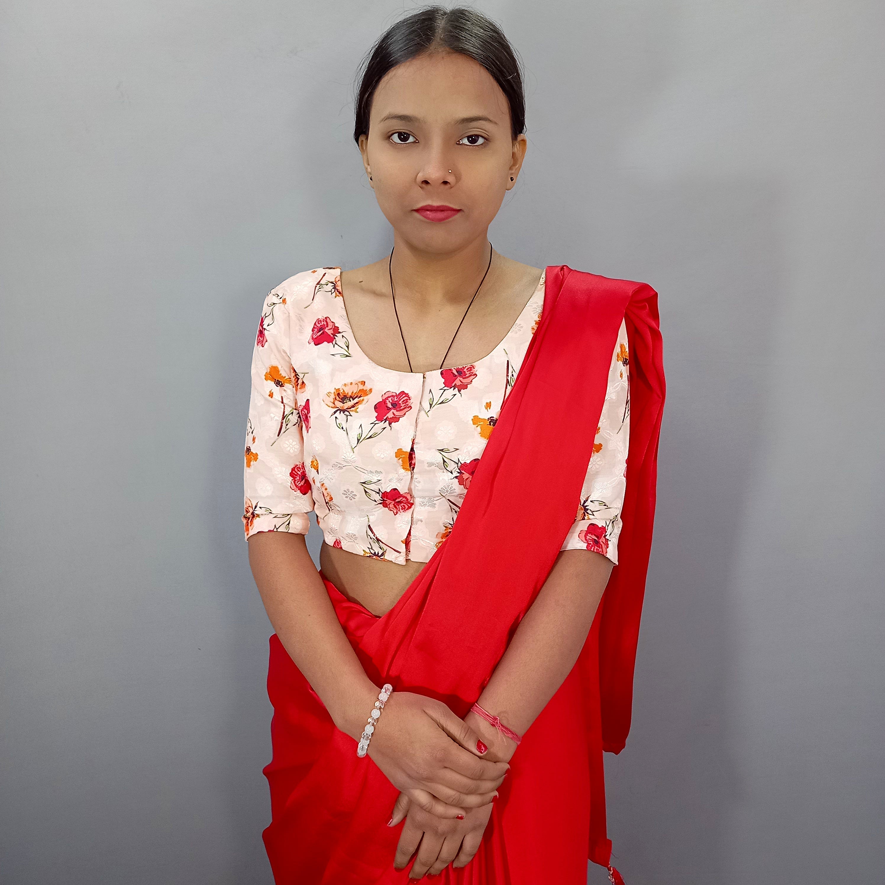 Elbow Sleeves Cotton Saree Blouse in Cream Floral Print