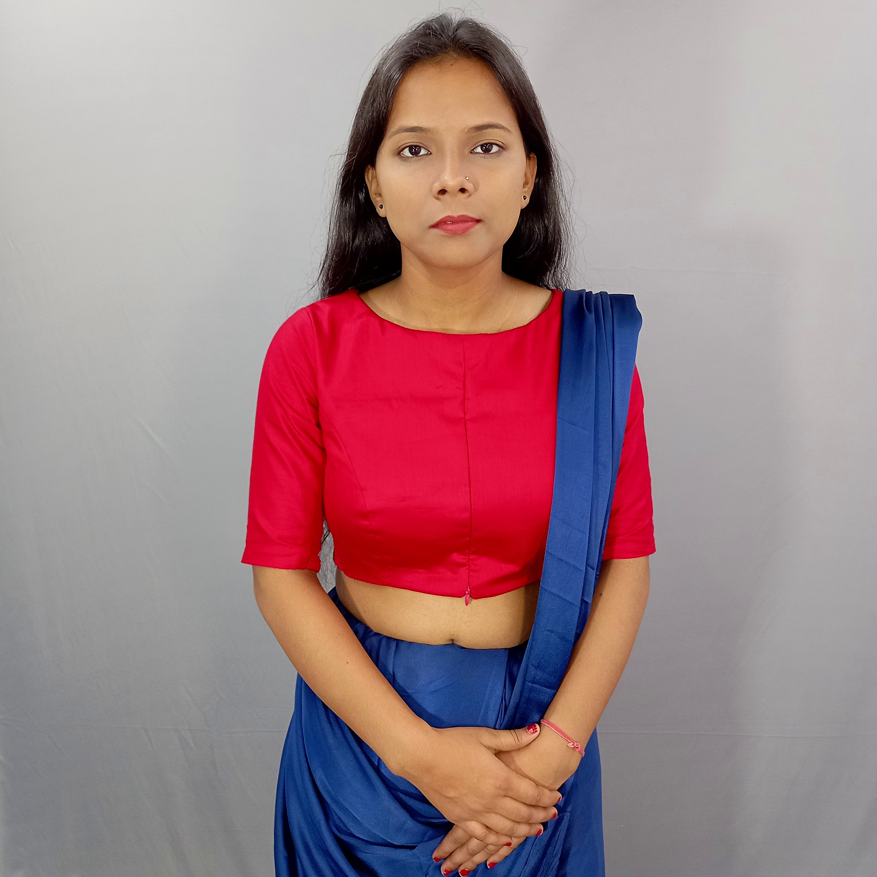 Elbow Sleeves Cotton Saree Blouse in Red