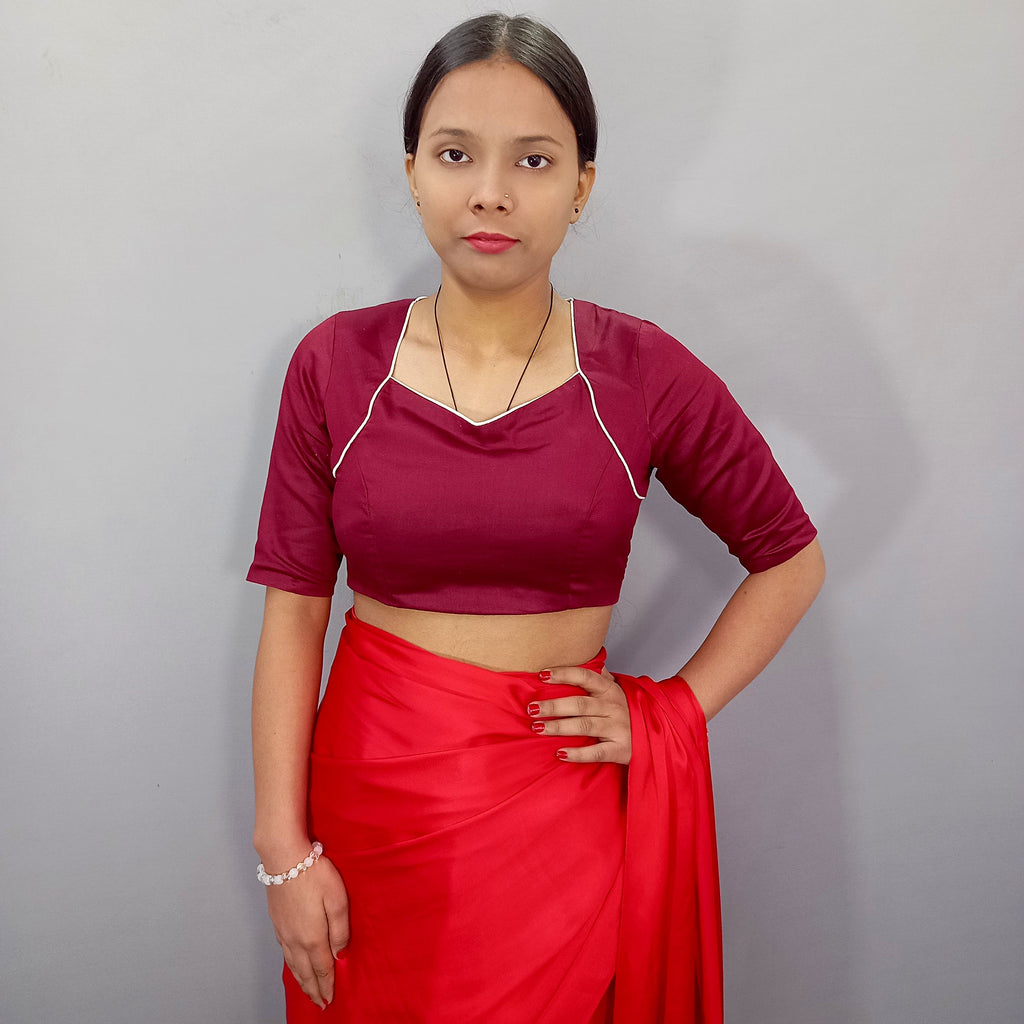 Elbow Sleeves Cotton Saree Blouse in Maroon