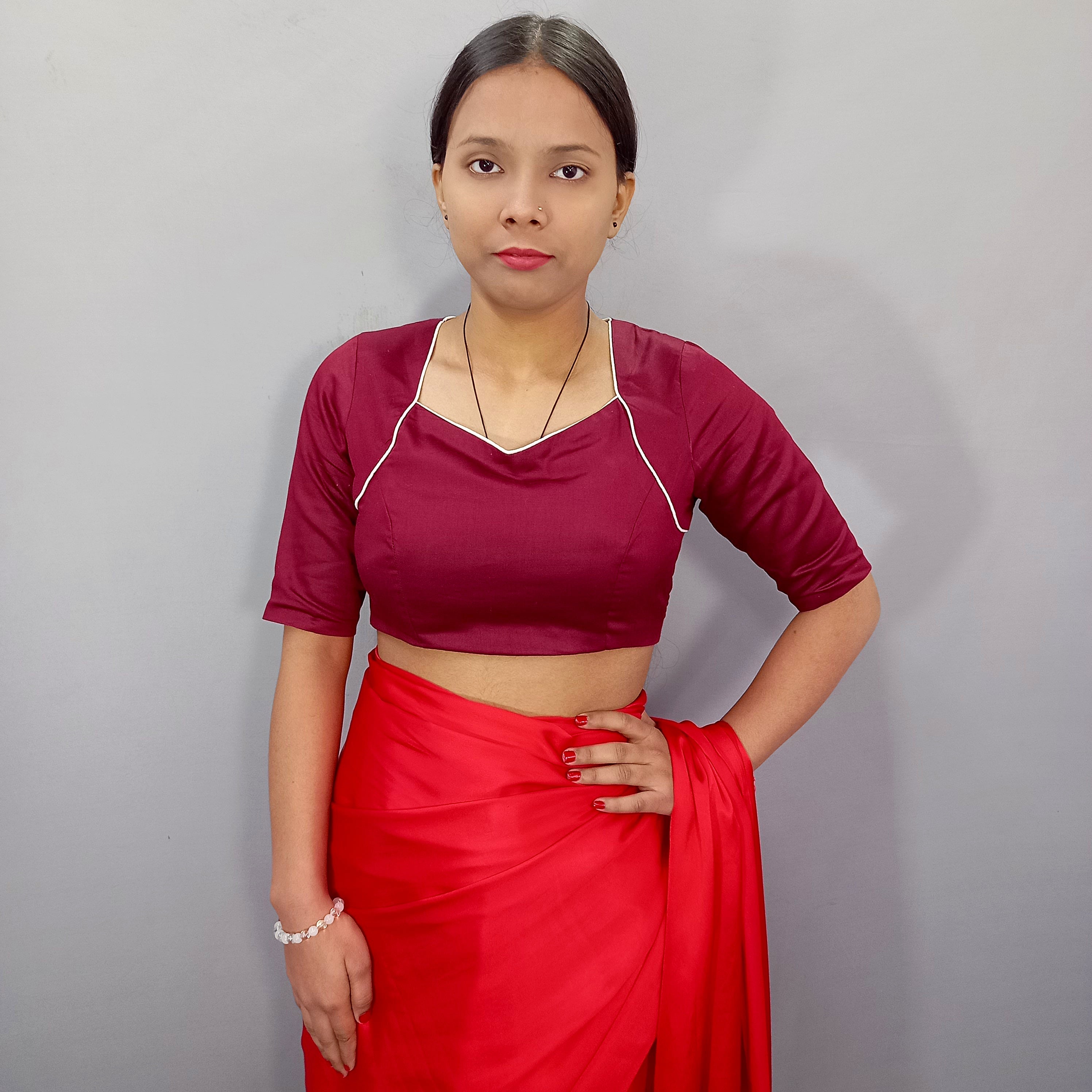 Elbow Sleeves Cotton Saree Blouse in Maroon